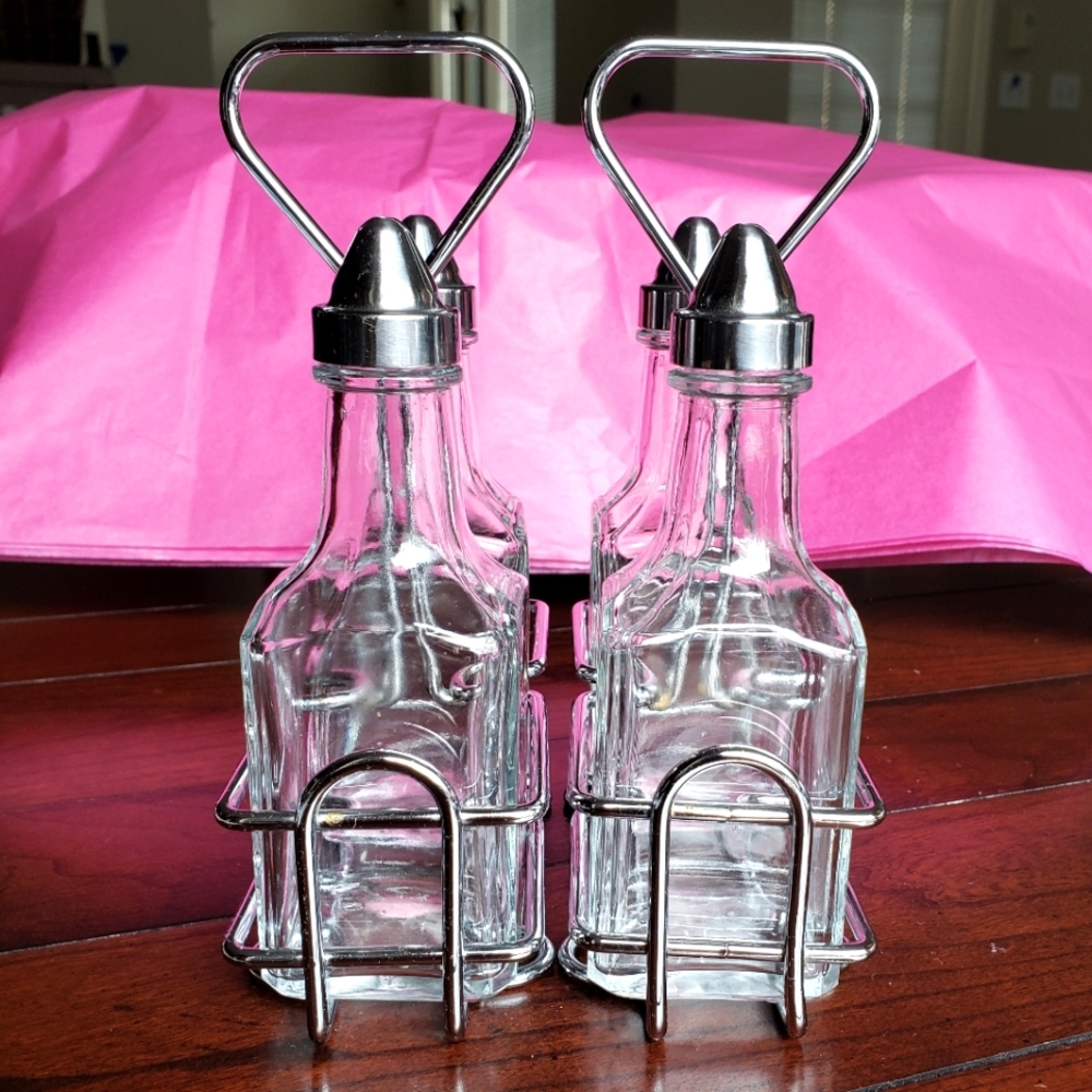 2 Sets, Oil & Vinegar Bottles w/ Metal Caddy & Oil & Vinegar Glass Shakers - Picture 2 of 11